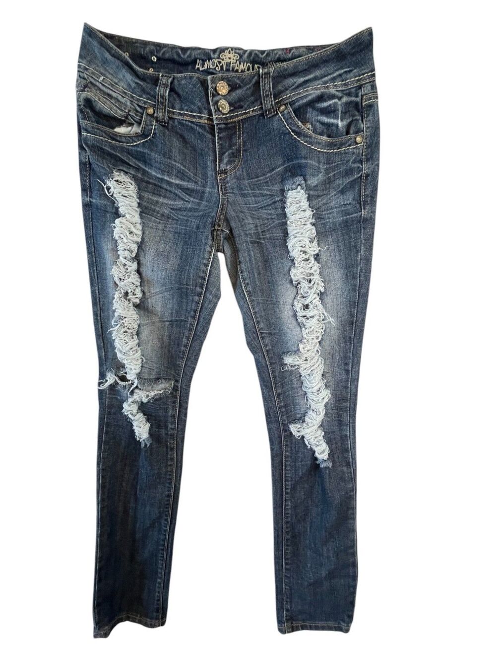 Almost Famous Jeans Women 9 Mid Rise Distressed Stretch Always Fabulous (W32 L31 - Picture 7 of 16